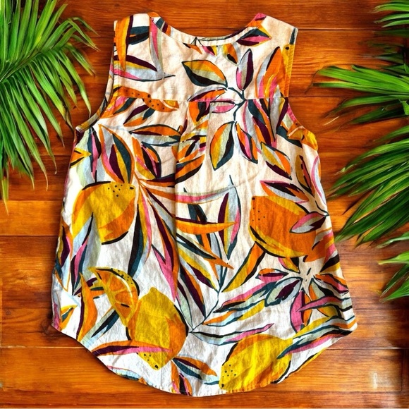 C&C CALIFORNIA 100% Linen Tropical Lemon Print Sleeveless Tunic Top - Medium - Picture 6 of 11